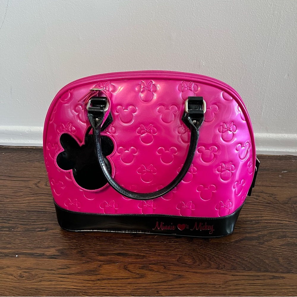 Disney Parks Loungefly Pink Minnie Loves Mickey Embossed Bowling Bag Purse, Rare